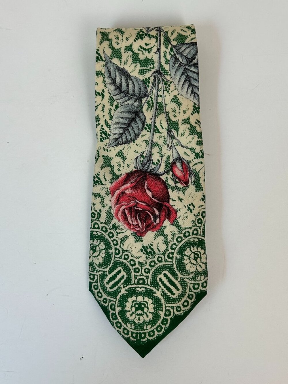 Vintage Fornasetti Milano Silk Tie Handmade Green Cream Lace Pattern Rose